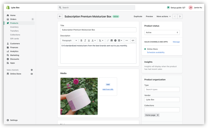 Example subscription box in Shopify admin