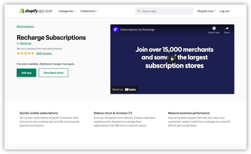 Recharge Subscriptions in the Shopify app store