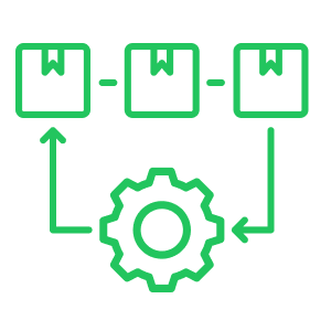 Diagram of a process flow with three boxes connected in sequence and a gear icon below indicating automation or processes