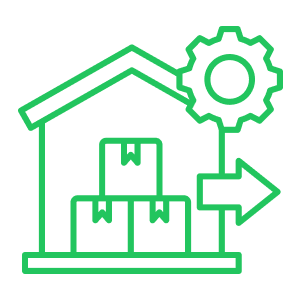 Green line drawing of a warehouse with boxes inside, a gear symbol, and an arrow pointing to the right, indicating logistics or supply chain management