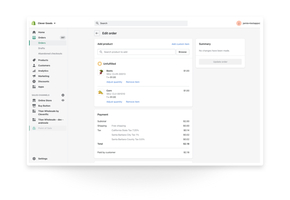 Shopify native order editing